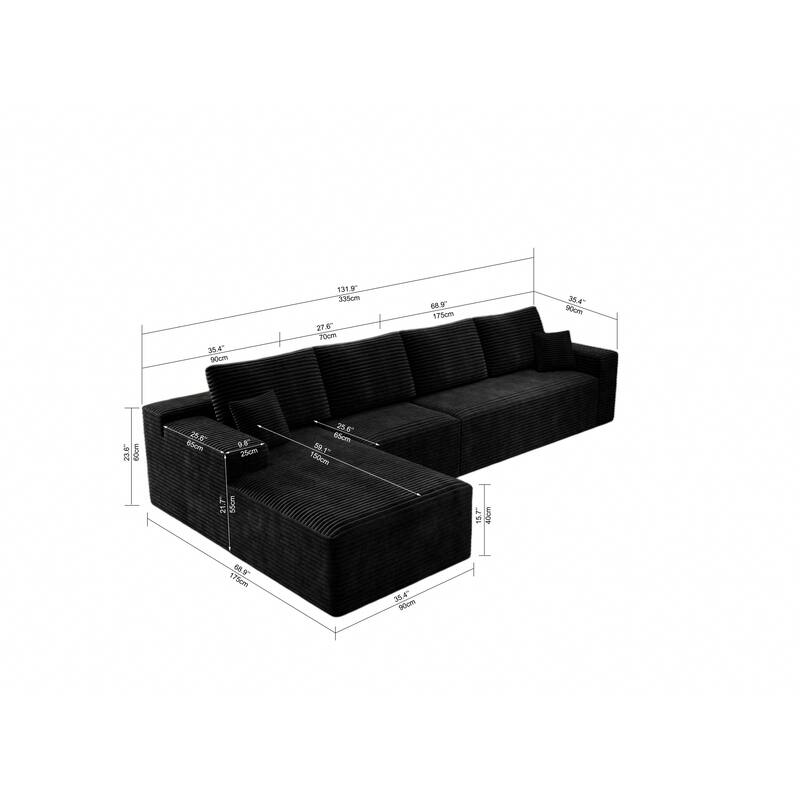 Roomfitters 131.9" Modular Sectional Sofa, 4-Piece Compressed Cloud Couch, No Assembly Required, Plush Corduroy, Black