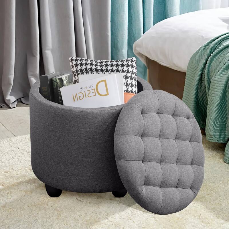 Modern Button Tufted Accent Storage Ottoman, Small Upholstered Circle Pouf Footstool with Removable Lid Storage Ottoman