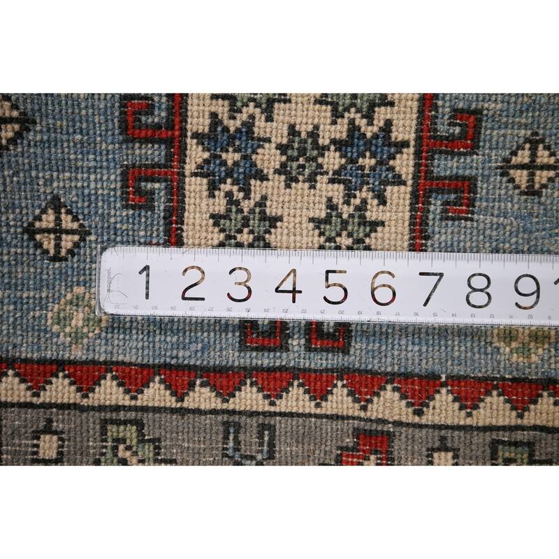 Blue Geometric Kazak Oriental Accent Rug Hand-Knotted Wool Carpet - 3'7" x 5'0"