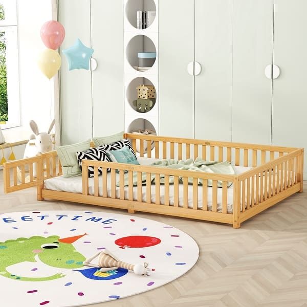 slide 2 of 28, Queen Size Pine Wood Floor Bed with Safety Guardrails and Door for Kids, Boys, Girls, Bedroom Queen - Natural