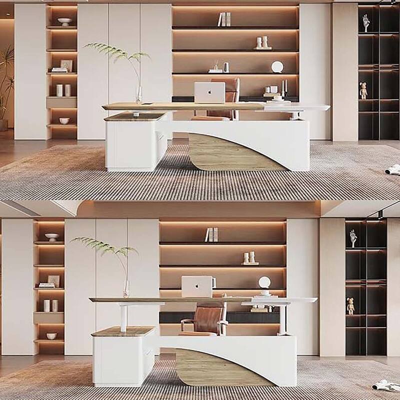 WESOME White Adjustable L Shaped Desk with LED Power Outlets, Electric Sit and Stand Desk