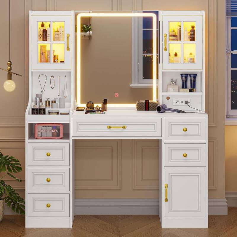 Vanity Desk Touch Screen Mirror Cabinets 6 Drawers 5 Jewelry Hooks