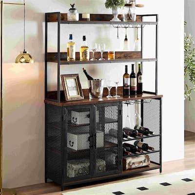 3-Tiers Buffet Cabinet with LED Strip and Glass Holder,Power Outlet