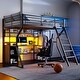 preview thumbnail 1 of 15, Full Size Metal Gaming Loft Bed with Desk, LED Lights, Charging Station, Open Wardrobe, and Storage Shelves Black