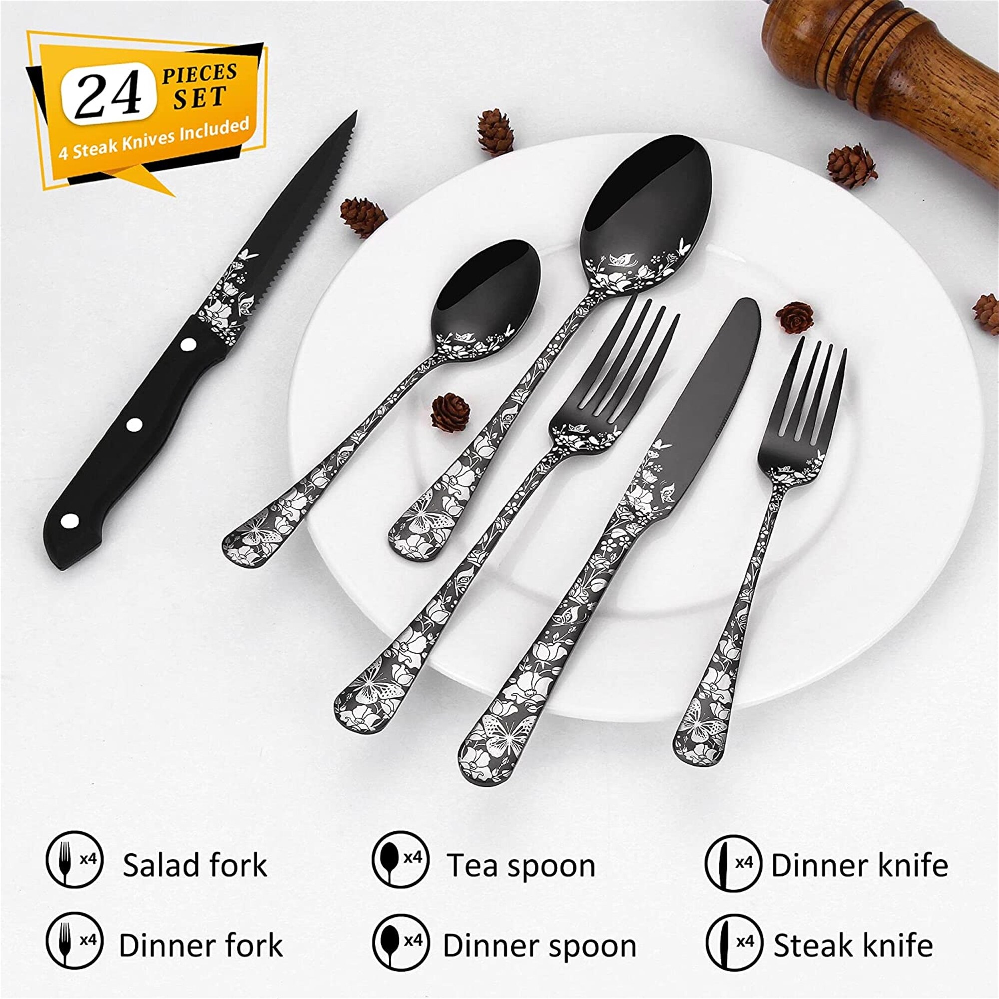 24-Piece Black Silverware Set with Steak Knives for 4, Flatware ...
