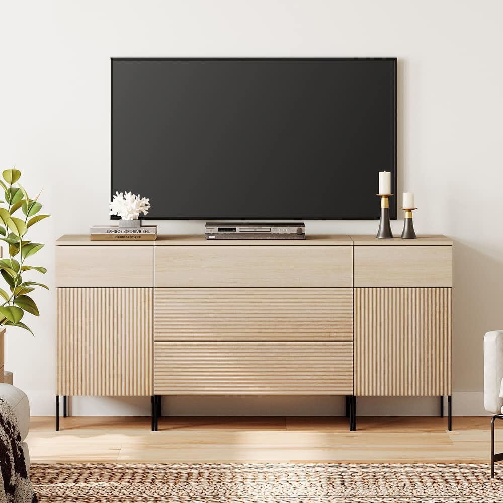63" Modern Reeded Dresser TV Stand With Drawers, Entertainment Center With Charging Station