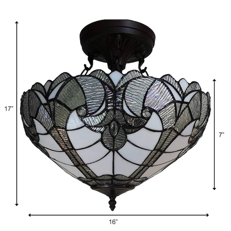 Tiffany Style Ceiling Lamp Fixture Semi Flush 16" Wide White Stained Glass 2 Dining Room Gift AM216HL16B Amora Lighting