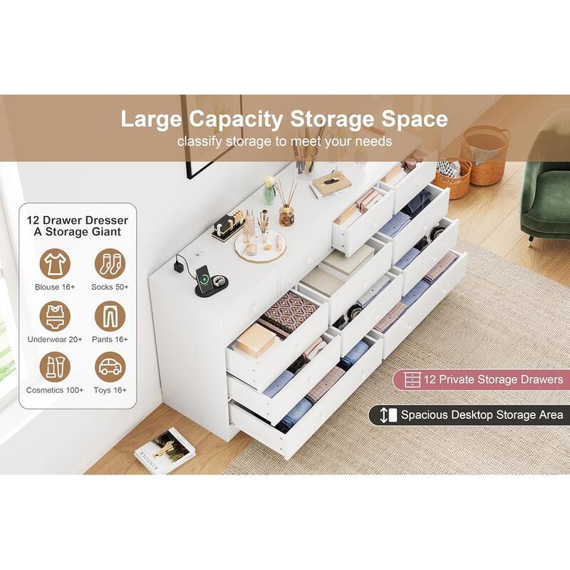 12 Drawer Dresser for Bedroom, 61 Inch Wood Dresser with Power Outlet
