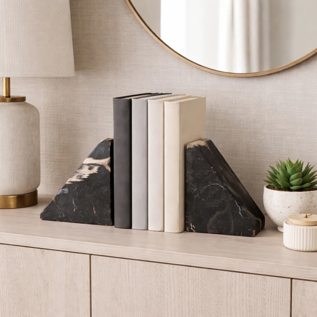 Wooden Triangular Petrified Bookends - Set of 2, Brown, 6" - 6.0"
