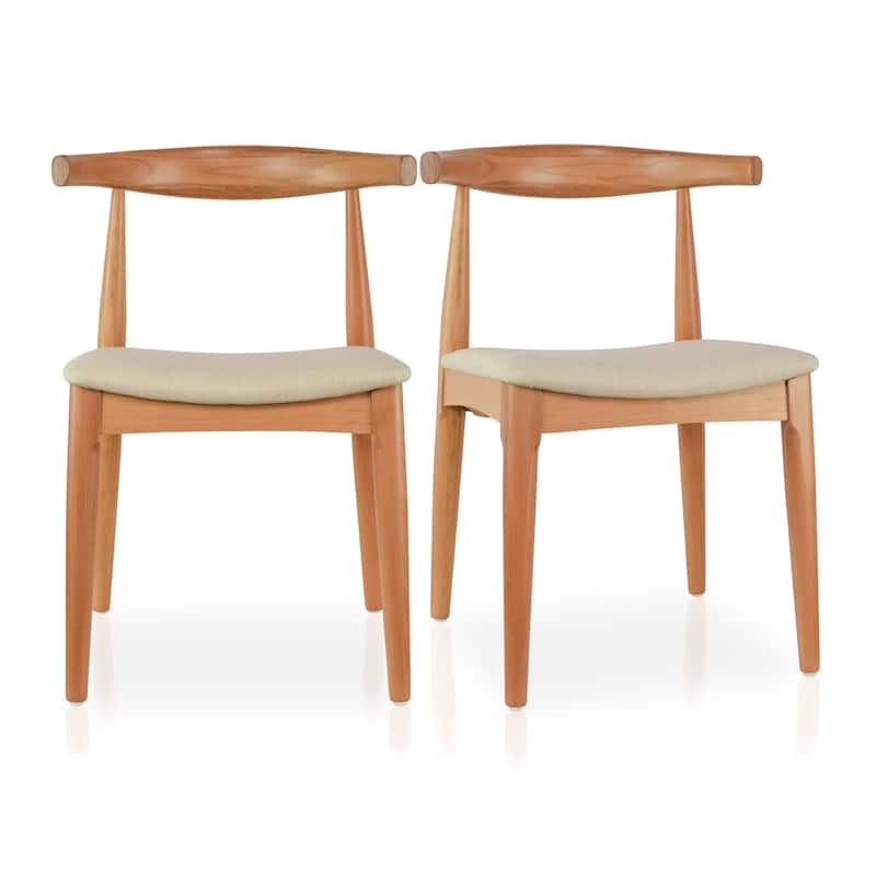 Set of 2 Kennedy Elbow Chairs Farmhouse Wooden Dining Chairs With PU Leather Or Fabric Cushion Seat, Modern Accent Side Chairs - Natural Wood + Beige Fabric Seat