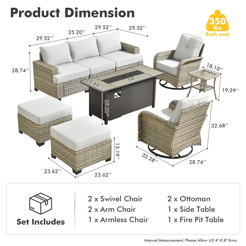 OVIOS 9 Pieces T shaped Seat Curved Swivel Chair Set With Fire Pit
