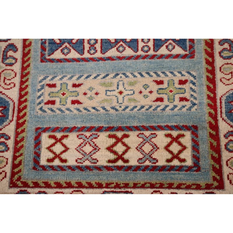 Geometric Blue Kazak Oriental Runner Rug Hand-Knotted Wool Carpet - 3'2" x 16'1"