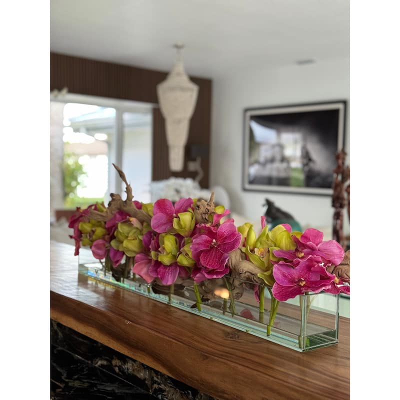 Casa Moderna Glass Planter With Pink Vandas And Green Cymbidiums