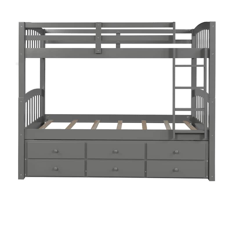 Twin Over Twin Bunk Bed with Ladder and Safety Rail, Twin Trundle Bed with 3 Drawers for Teens Bedroom, Guest Room Furniture