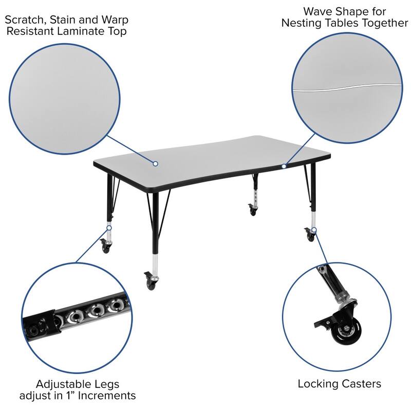 Mobile 28"Wx47.5"L Wave Collaborative Grey Kids Adjustable Activity Table