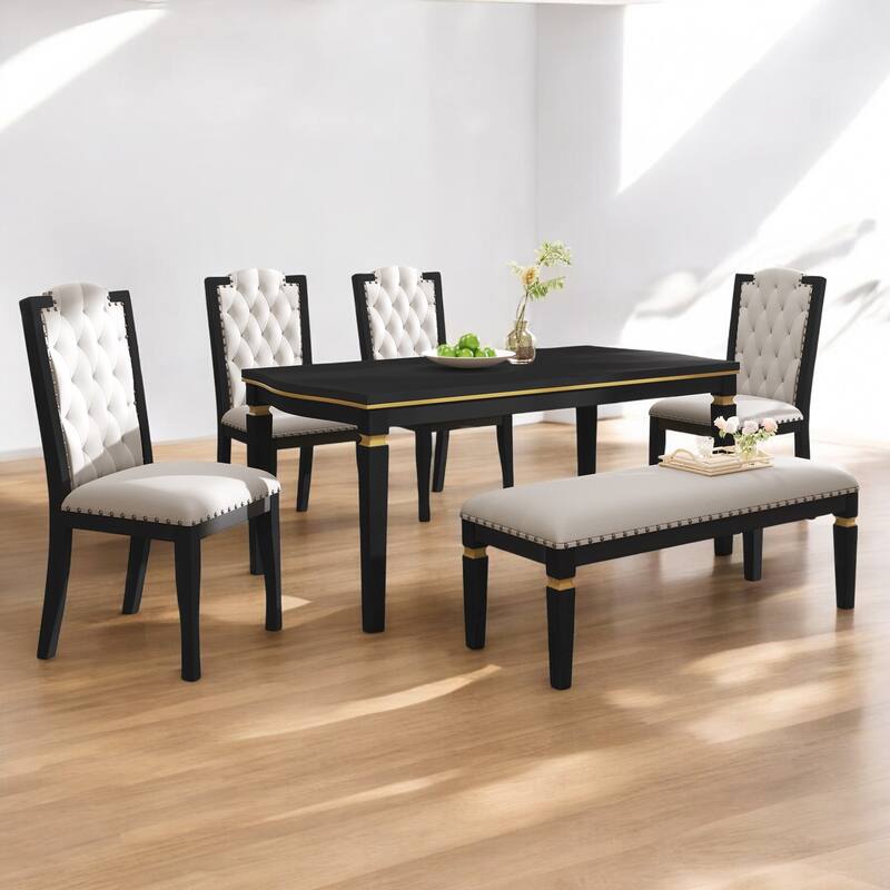 6-Piece Solid Wood Dining Table Set with Upholstered Bench & Chairs, Classic Modern Dining Room Set for Kitchen, Living Room - Black