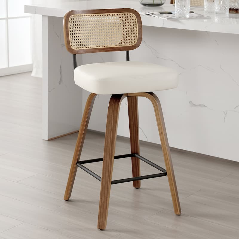 26"/29" Swivel Bar Stools/ Counter Stools with Bentwood Legs - Single - Cream White-Rattan Back - Counter Height