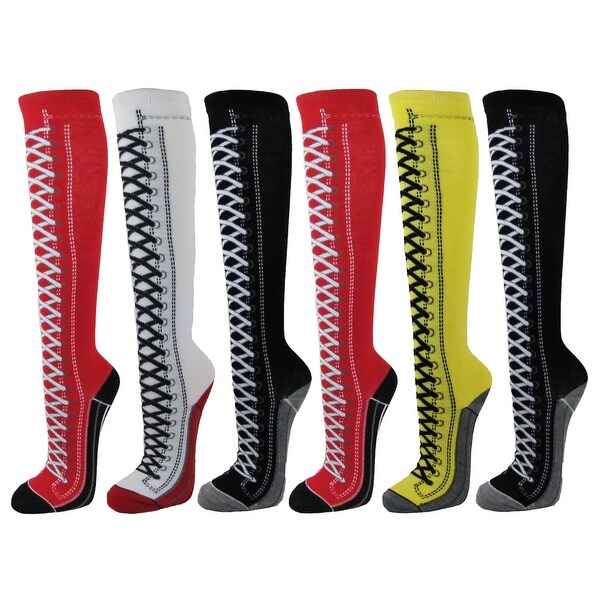 Girls Kids Sneaker Lace-Up Pattern Premium Quality Cotton Knee High Socks