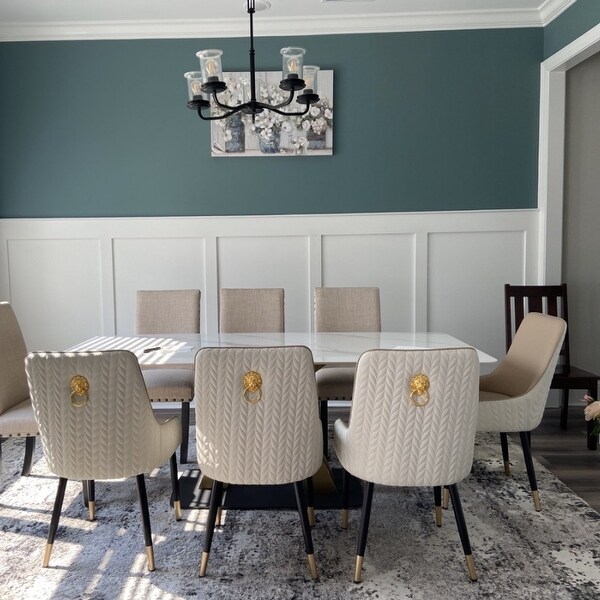 Set of 2 Luxurious Dining Room Chairs w High Back Gold Lion Head Upholstered Kitchen Chairs Light Khaki Creamy White