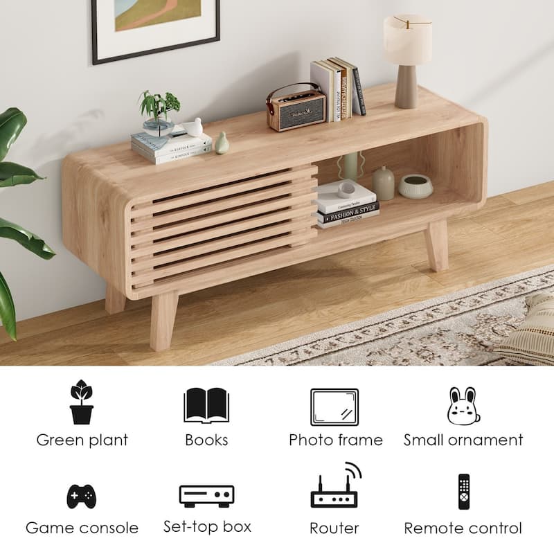 Mid-Century Modern TV Stand for TV Up to 59" with Sliding Slatted Door