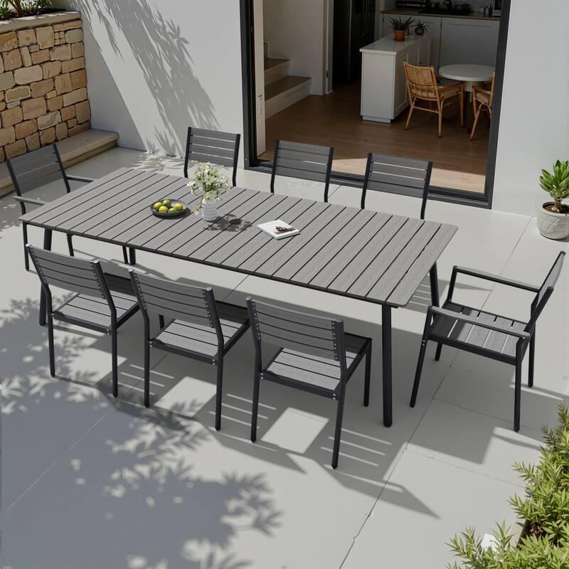 9-Piece Outdoor Patio Dining Set Wood-Like Table Top Alumium Umbrella Hole Table with Stackable Dining Chairs - Grey