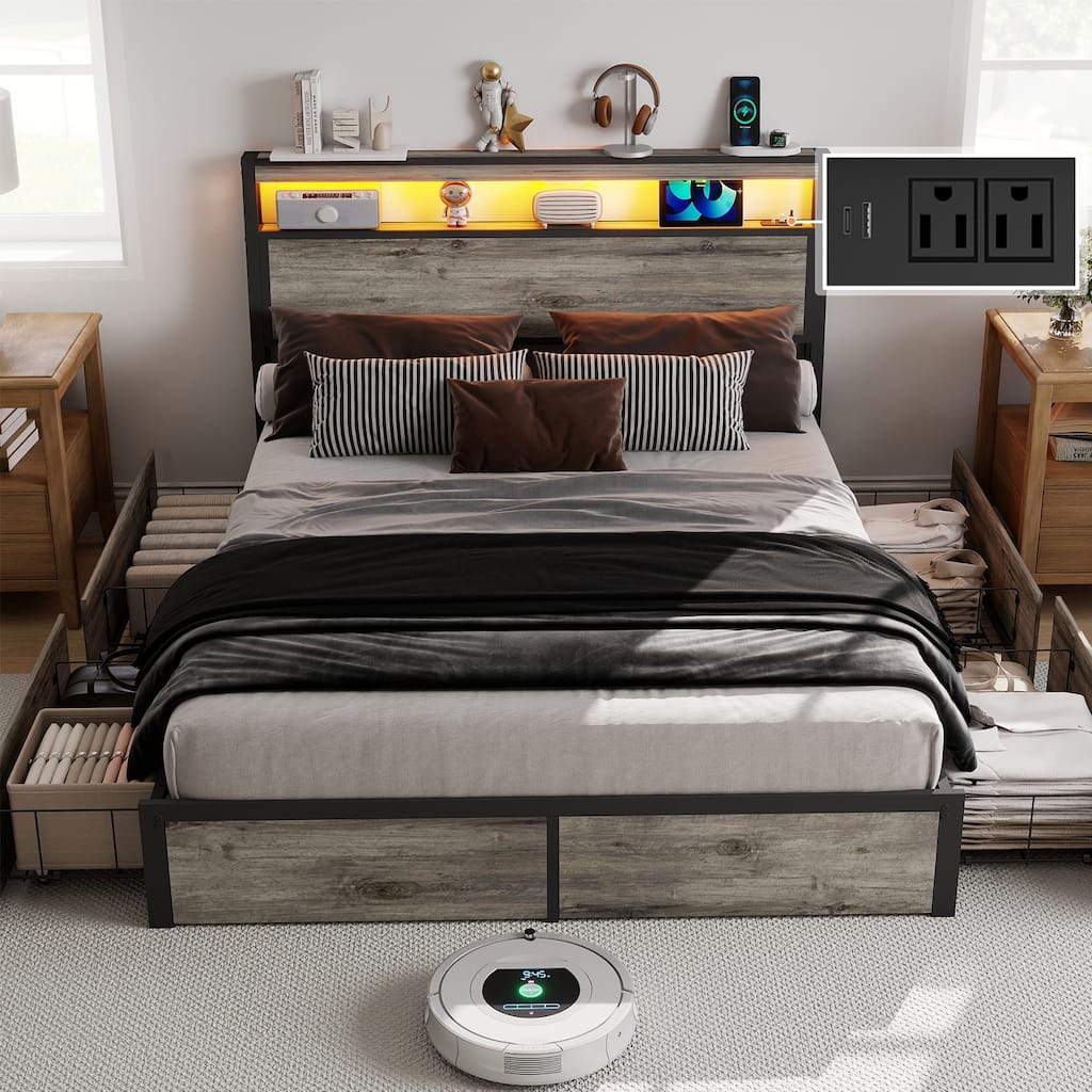 Queen Size Bed Frame with Storage Headboard, RGB LED Light & USB Charging Station, Noise-Free