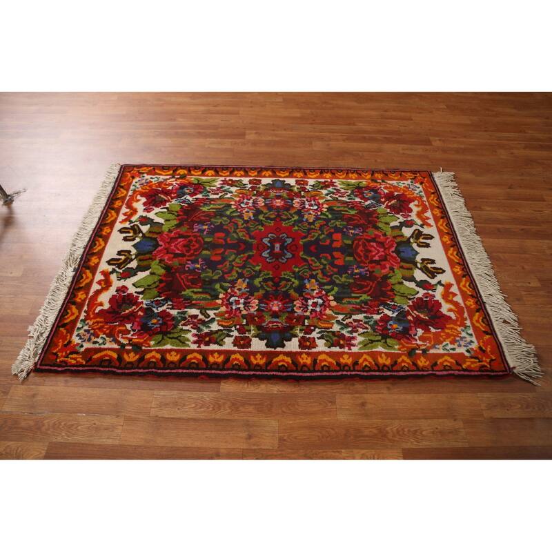 Hand Knotted Oriental 100% Wool Carpet Traditional Floral Beige & Ivories Bakhtiari Area Rug - 4' 11'' X 3' 5''