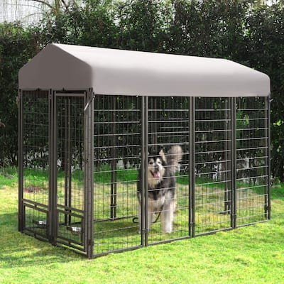 VEIKOUS Outdoor Dog Cage Kennel Fence with Rotating Feeding Door, Cover, and Stainless Bowls