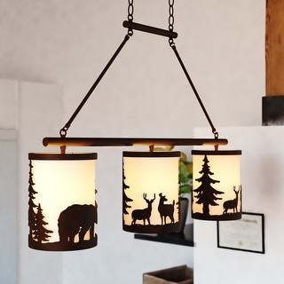Acadia 3L Bronze Rustic Linear Chandelier Island Pendant Light Fixture Bear and Tree - 38-in W x 29.25-in H x 7.5-in D