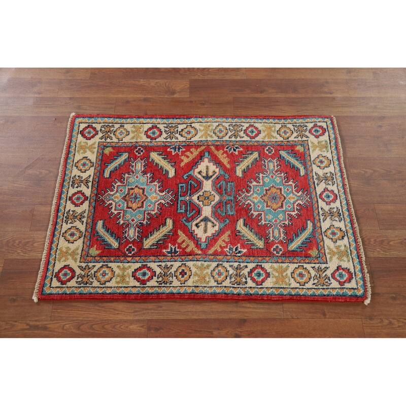 Red Geometric Kazak Oriental Accent Rug Hand-Knotted Wool Carpet - 2'0" x 2'10"