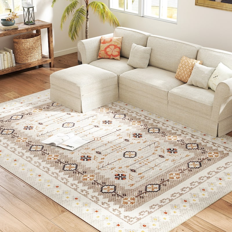 HOMCOM Area Rug 8x10, Machine Washable Rug, Non-Slip Boho Floral Print Floor Cover Foldable Carpet for Living Room