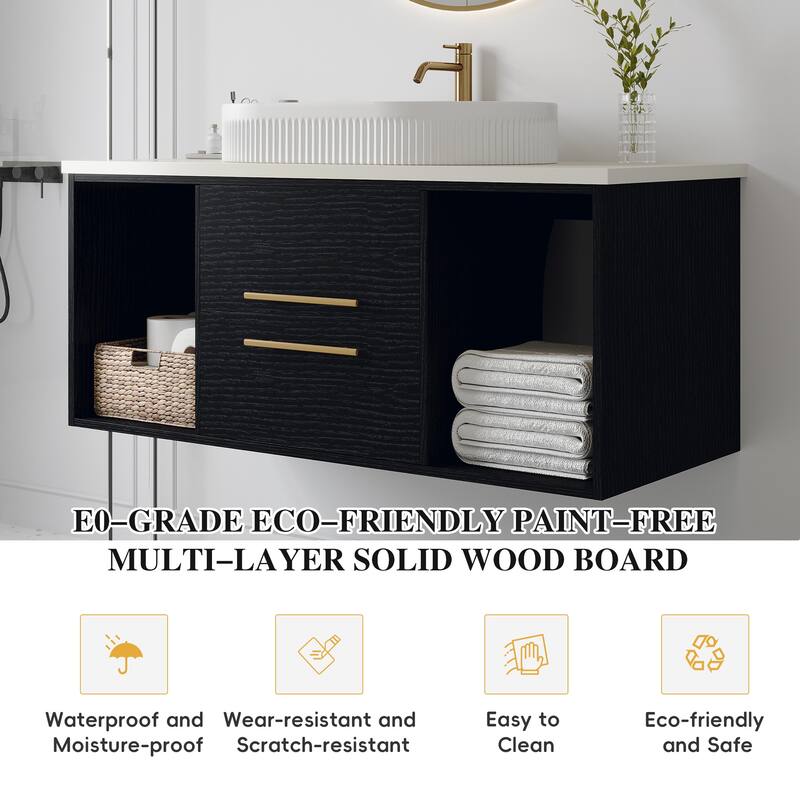 GDFStudio - Modern Wall-Mounted Multi-Layer Solid Wood Bathroom Vanity with Ceramic Vessel Sink & Open Shelf Storage - 40"