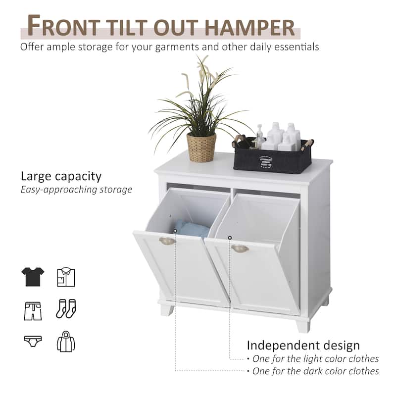 HOMCOM Laundry Room Organization and Storage Cabinet Freestanding Furniture with 2 Tilt Out Hamper Design, White - 30*15.75*27.5