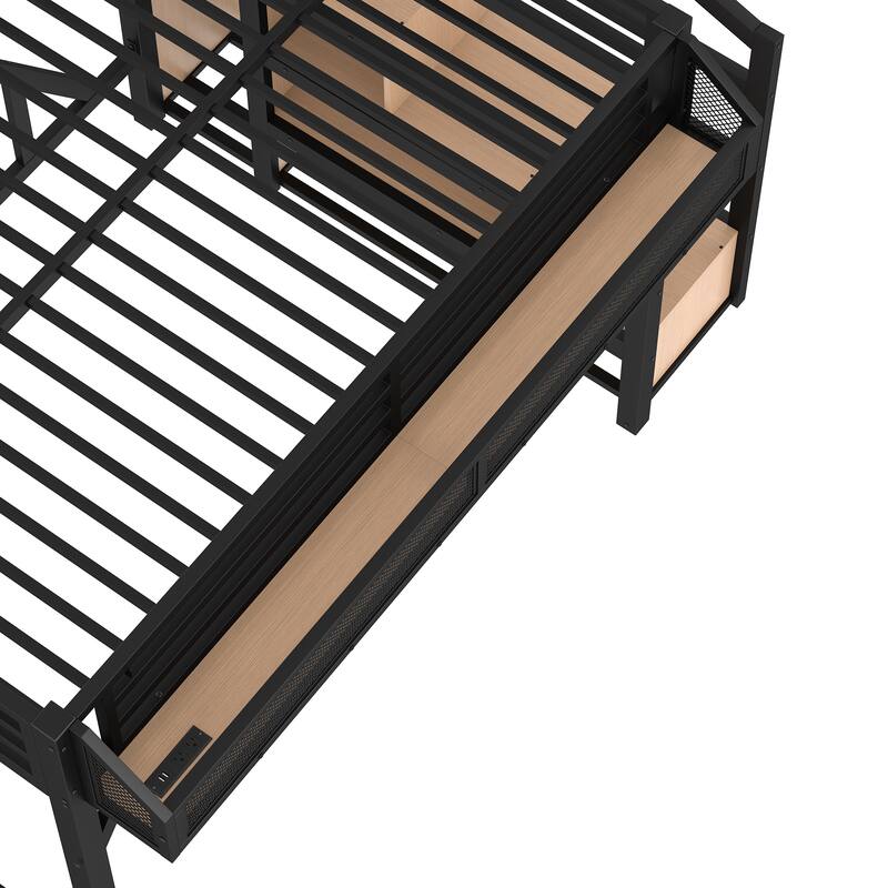 Noise-reduced Design Metal Loft Bed Frame with Storage Stairs, Shelves, Built-in Wardrobe, Light Strip and Charging Station