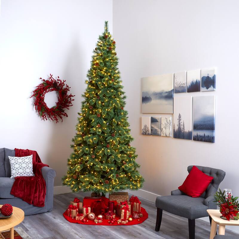 10ft. Pine Artificial Christmas Tree with 850 Clear LED Lights & Pine Cones - Towering Grand Holiday X-Mas Centerpiece