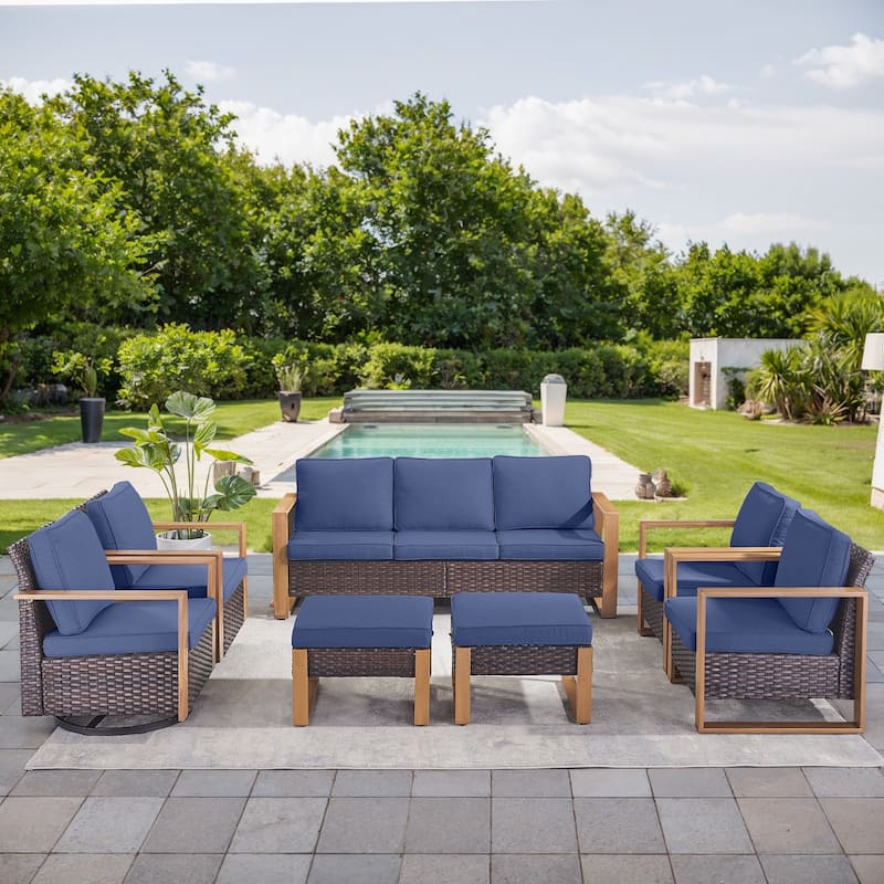 Gymojoy 7 Pieces Patio Sofa with Rattan Swivel Rocking Chair Ottomans Outdoor Conversation Set