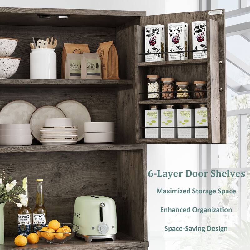 Gymojoy 70" Farmhouse Kitchen Pantry Cabinet With Operation Table & Power Outlet, Freestanding Cupboard