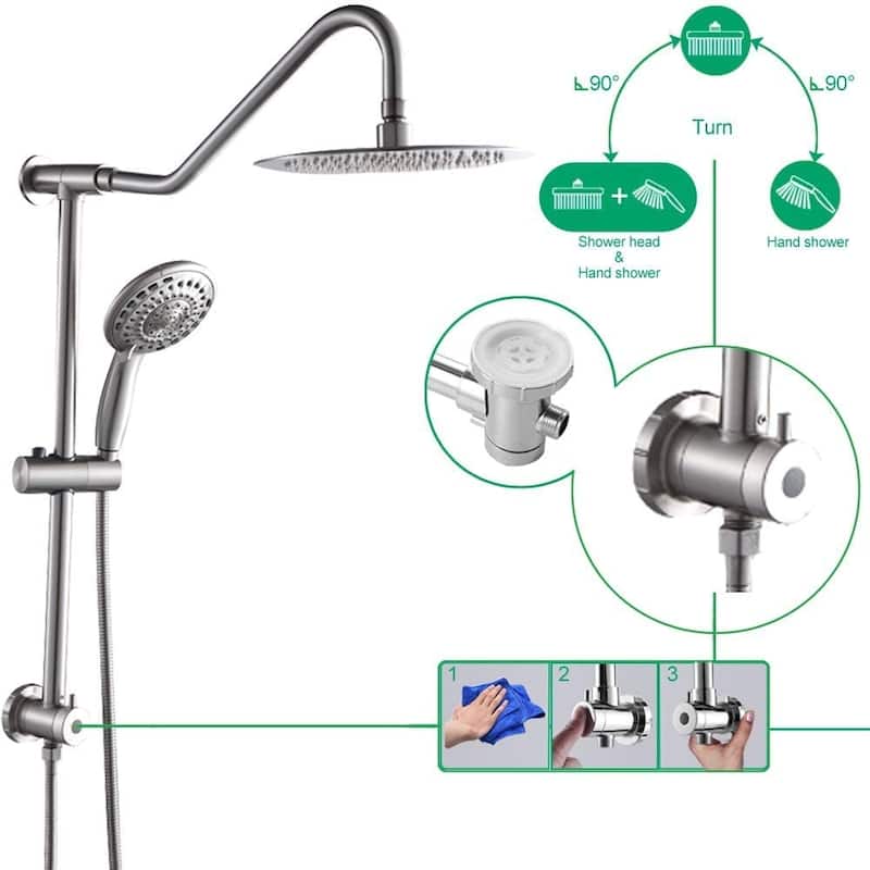 5 -Spray Patterns 10 in. Wall Mount Dual Shower Heads Plastic Drill-Free Adjustable Slide Bar and Hose in Brushed Nickel