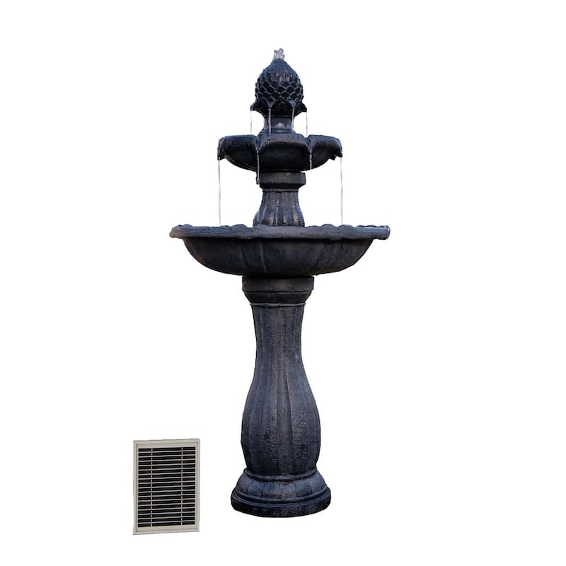XBrand 44" H Fiberglass/Resin 2-Tier Solar Water Fountain w/ Solar Panel and Auto-Shut Off Pump, Solar Garden Fountain - Black