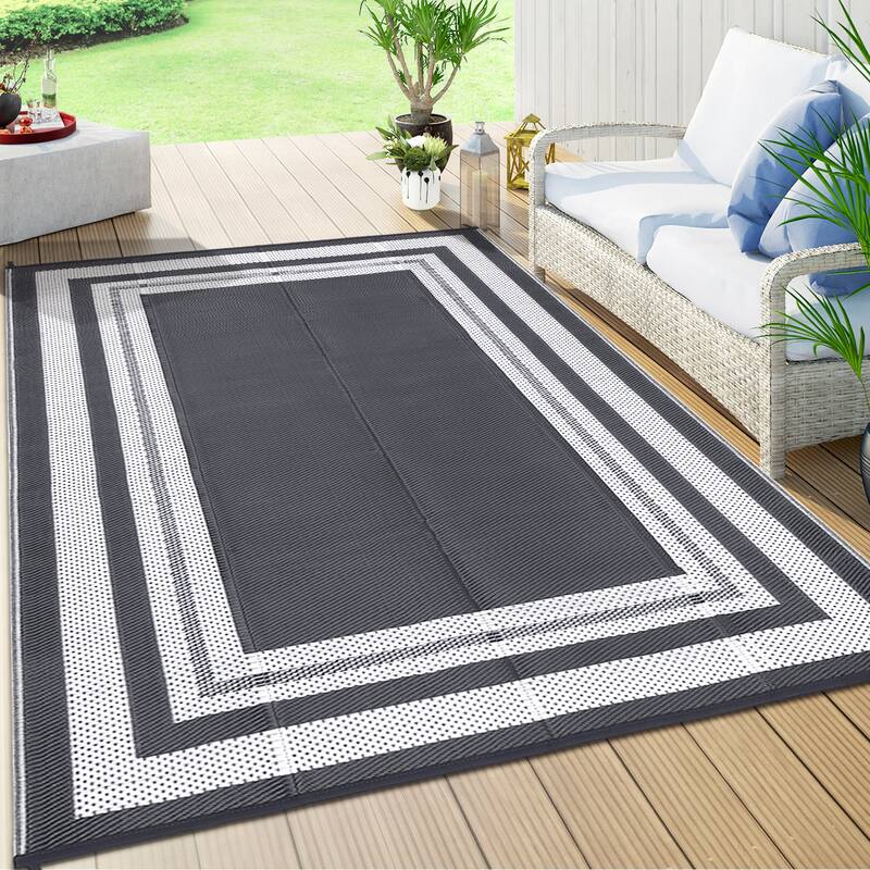 Outdoor Plastic Straw Rug Waterproof Outdoor Rug Reversible Plastic Camping Rugs for Patio Porch Deck Backyard - 8'x10' - Gray White