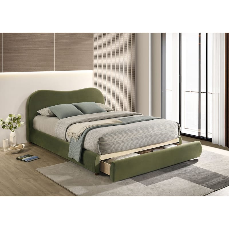 Contemporary Olive Green Curved Headboard Fully Upholstered Storage 1Pc Bed
