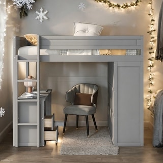 Modern Full Size Wood Loft Bed With Wardrobes And 2-Drawer Desk With Cabinet,Large Storage Space