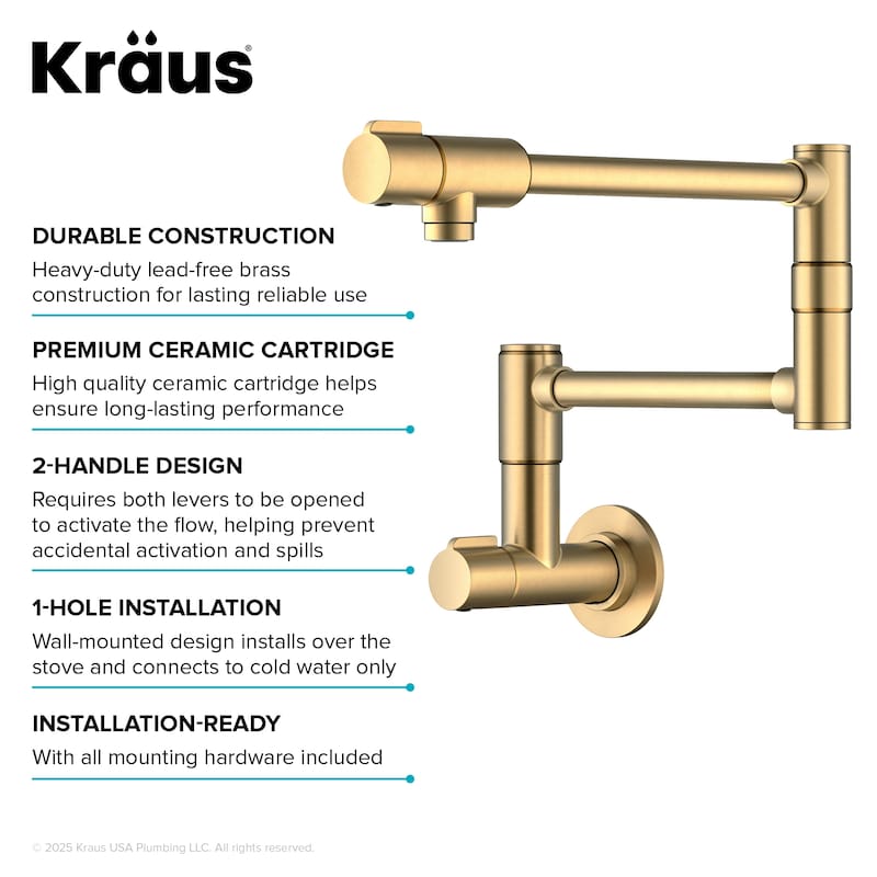 KRAUS Bolden 2 Handle Wall Mount Pot Filler Faucet w/ Retractable Arm