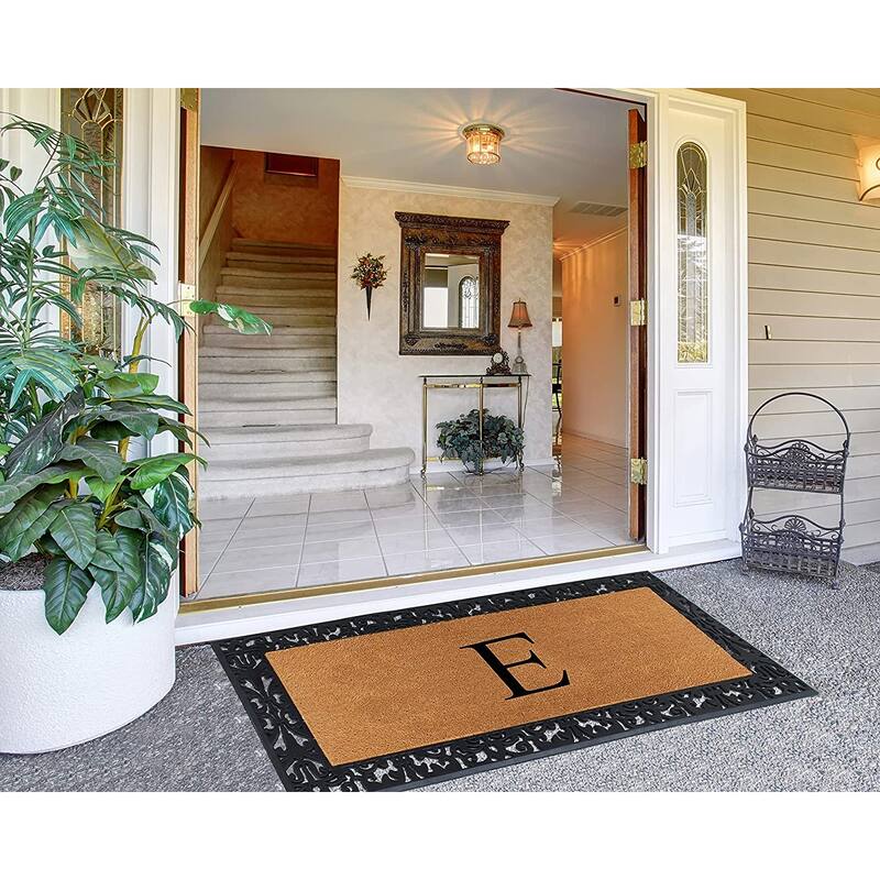 A1HC Rubber and Coir Paisley Border Heavy Duty Non-Slip Durable Double Door Monogrammed Doormat 30"X60", Black
