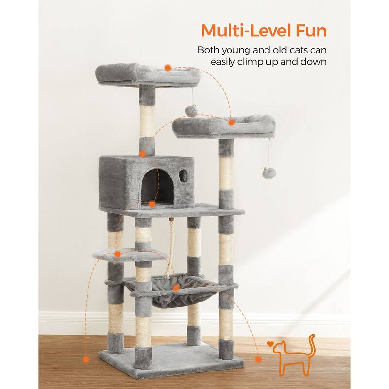 Grey Multi-Level Cat Tree with Sisal-Covered Scratching Posts and Hammock