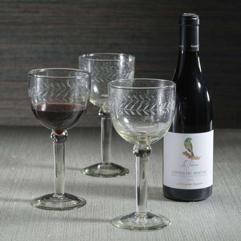 Tuscan Handmade Etched Wine Goblet Glasses, Set of 4