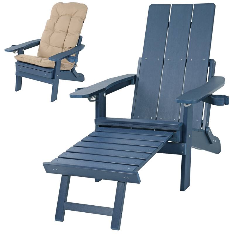 Poly Lumber Outdoor Adjustable Back Adirondack Chair with Ottoman Cup Holders and Cushion - Navy Blue