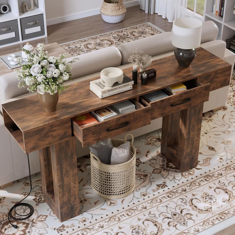 Farmhouse Entryway Table Long Console Table Rectangular Sofa Table with Foot Pads, for Entrance Hallway, Living Room
