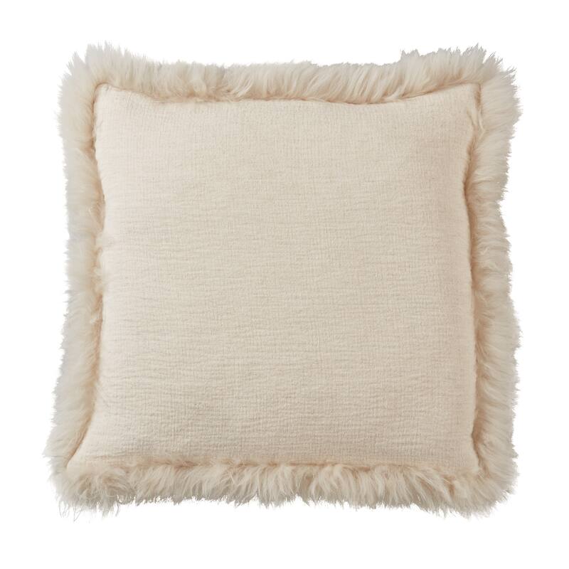 Cozy and Stylish Linen Poly Filled Throw Pillow with Plush Lamb Border - 20" x 20" - Polyester - Natural