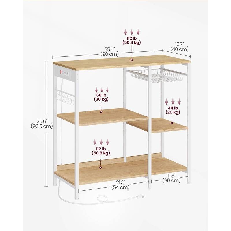 Steel Bakers Rack with Outlet Shelves and Basket with Charging Station - 15.7”D x 35.4”W x 35.6”H